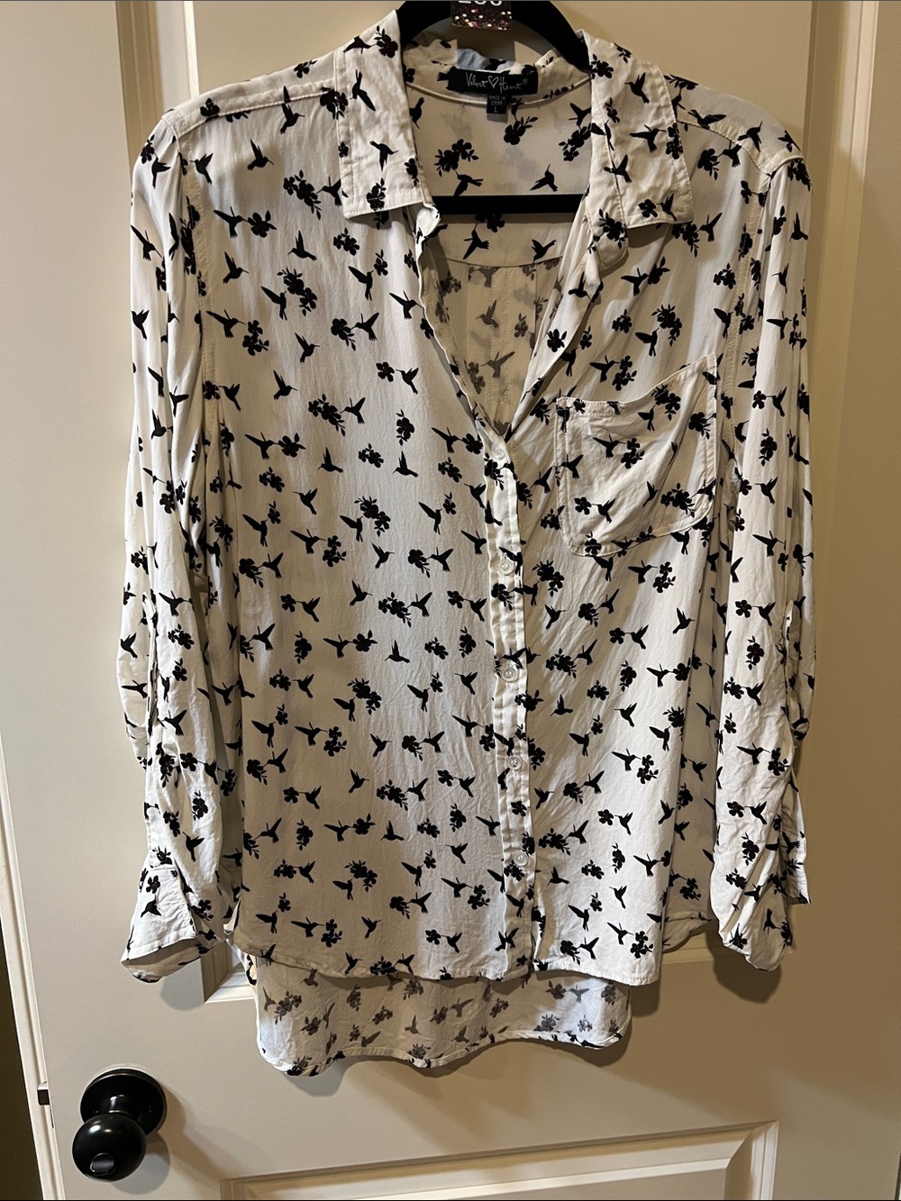 Velvet Heart White Blouse with Black Floral & Bird Print H206